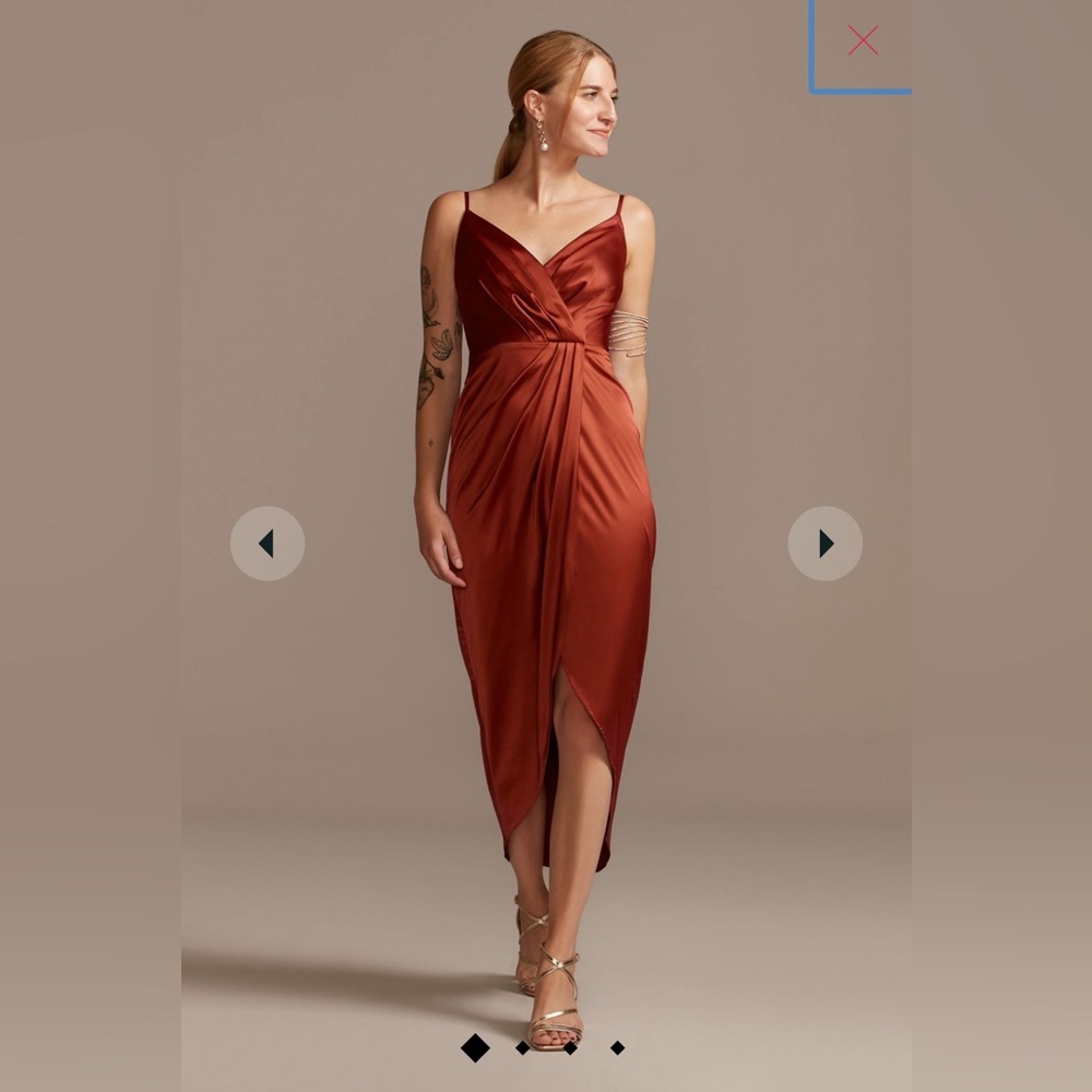 David’s Bridal pleated bodice spaghetti strap satin tulip dress
